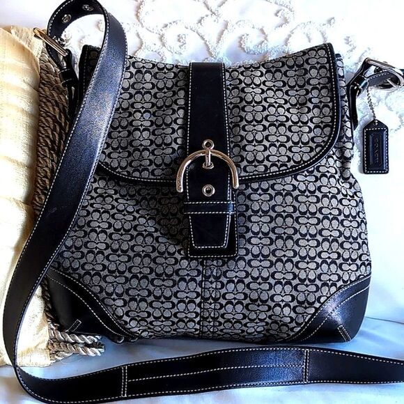 Coach ♣️Rare Limited Edition Vintage Signature Black Canvas Leather Trim Hobo - Picture 1 of 15